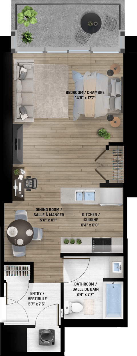 Floor plan for studio, 1 bath, 640 sqft